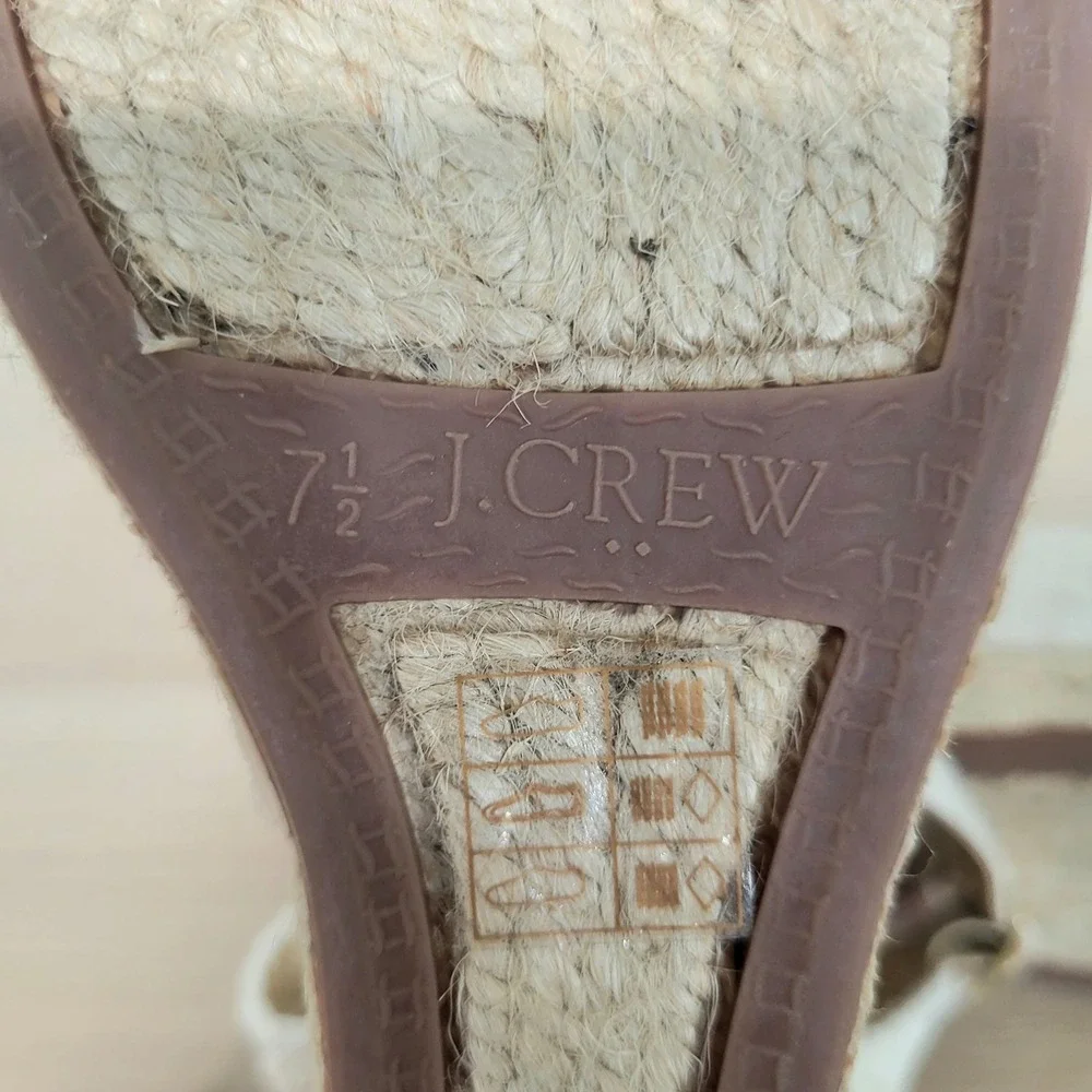 J Crew Espadrille Wedge Sandals Ankle Strap Ivory Cream Heels Jute Buckle 7.5